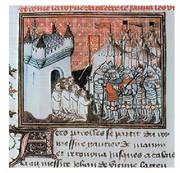 Calaiseko burgesak hiriko giltzak eskaintzen Ingalaterrako Eduardo III.ari, honek hiria desegin ez dezan. XIV. mendearen azken aldeko miniatura.<br><br>